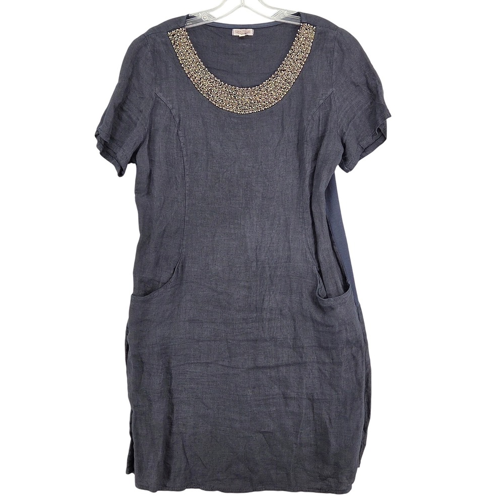 Lina Tomei Women Large Linen Short Sleeve Dress Beaded Collar Navy Pockets Italy